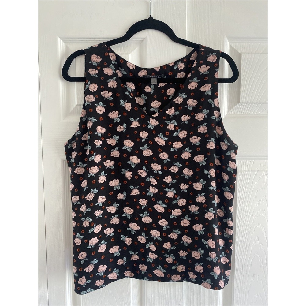 T Tahari Floral V-Neck Blouse Womens L Black Pink Sleeveless Floral Top Corpcore